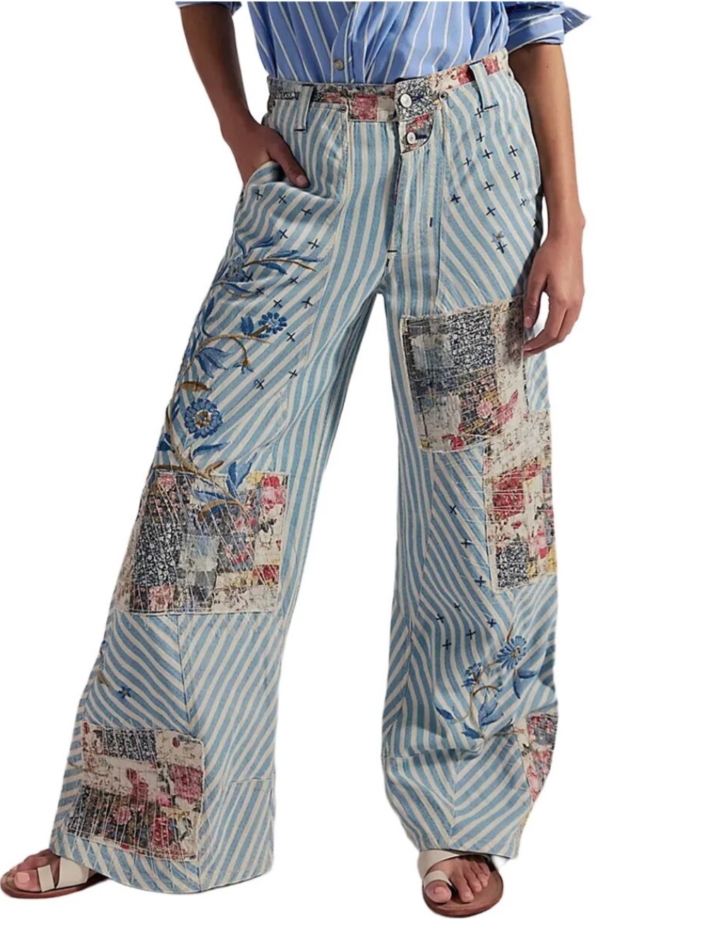 0876.New $268 Free People Boho Patchwork Wide-Leg Pants - Light Blue Stripe